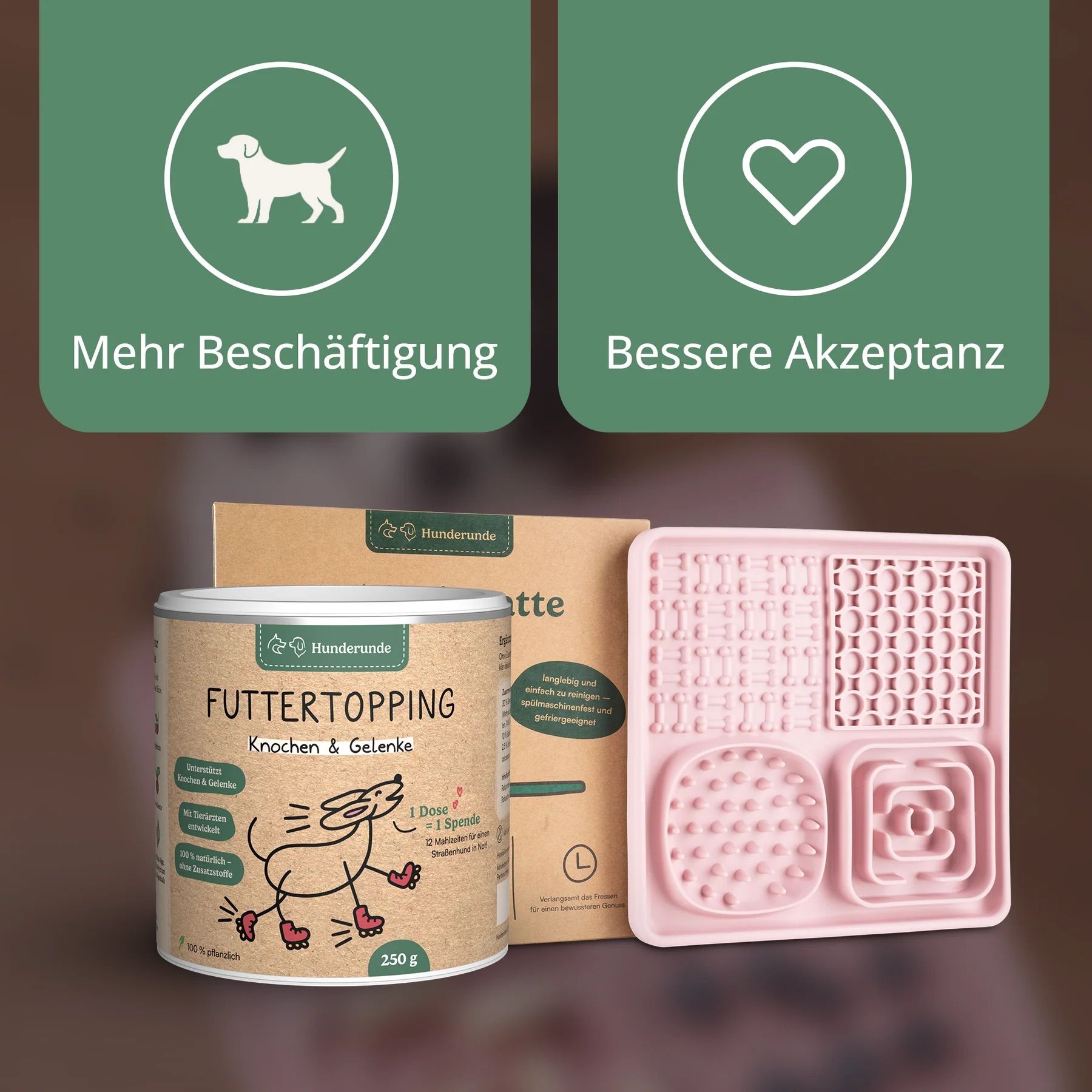 Dose Futtertopping, Futtermatte und Verpackung. Text: Mehr Beschäftigung, bessere Akzeptanz.