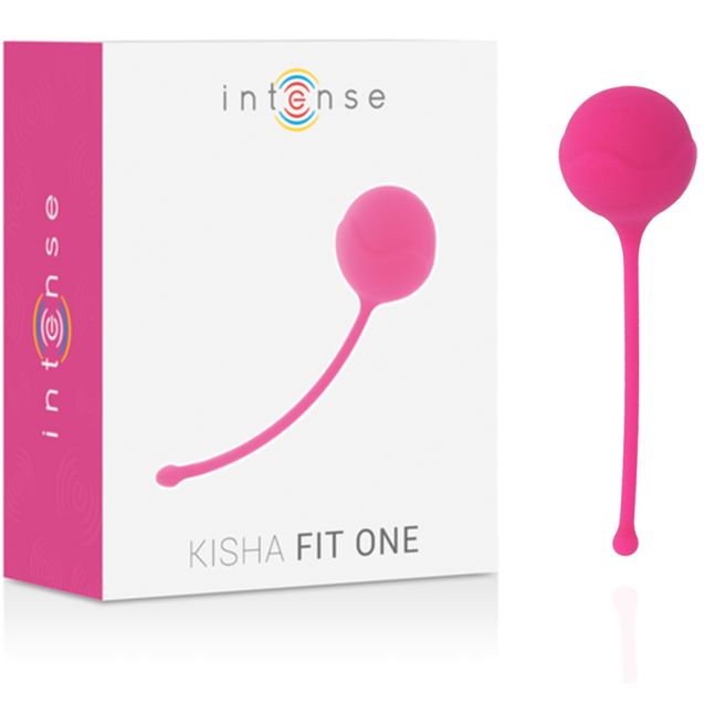 Produkt und Verpackung. Rosa Kegel mit Stiel neben weißer Verpackung. Aufschrift: Intense, Kisha Fit One.