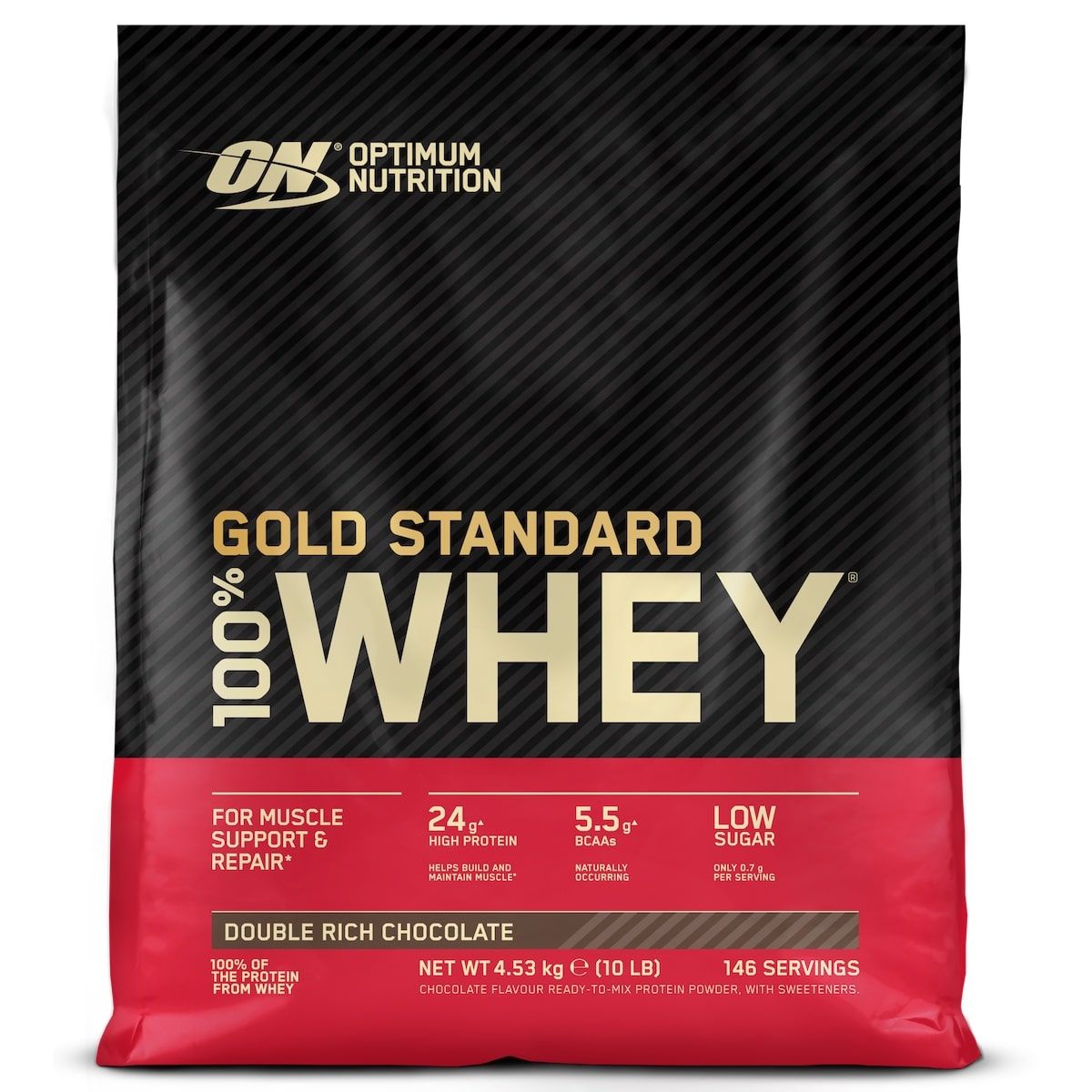 Beutel mit Gold Standard 100% Whey. Schwarzer Hintergrund, roter Boden. Text: Double Rich Chocolate, 146 Portionen.