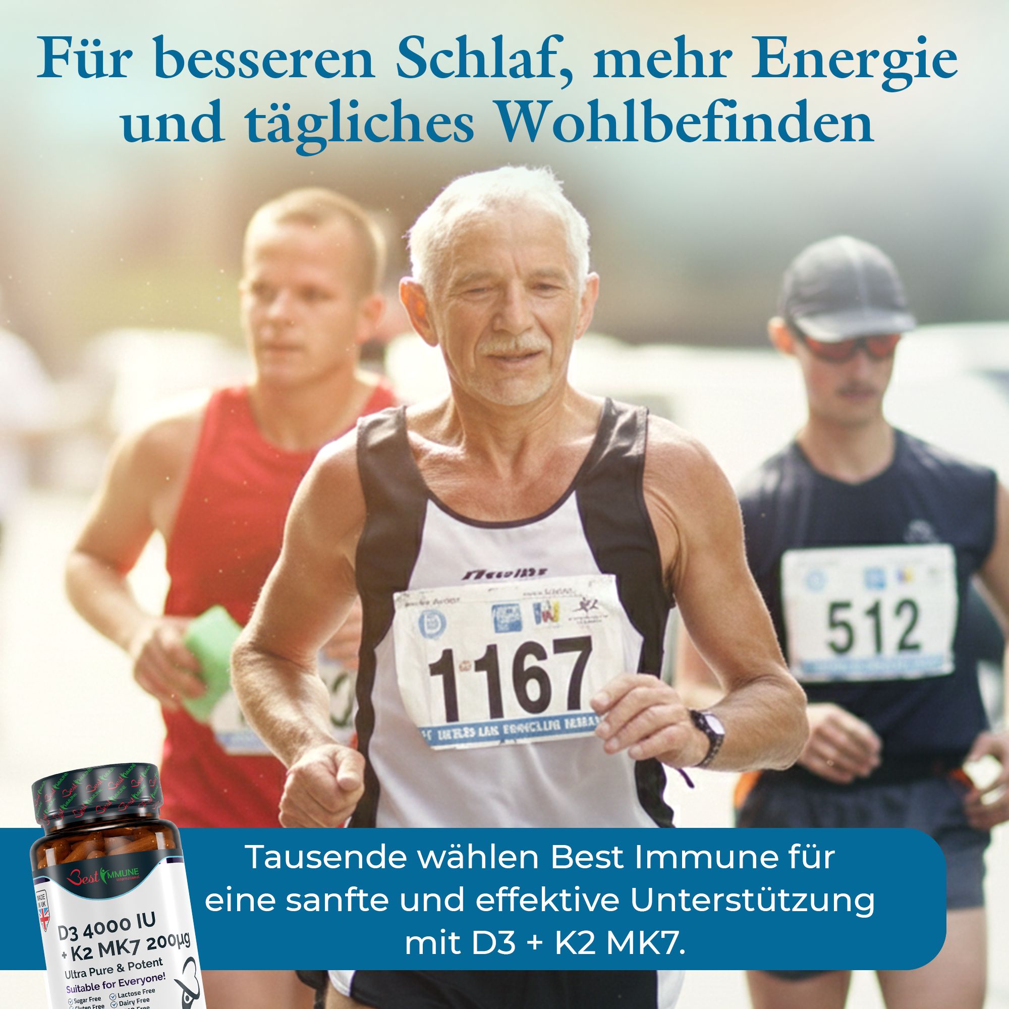 Läufer mit Startnummer, Flasche D3 + K2 MK7 Kapseln, Hinweis auf Unterstützung für Körper und Geist.