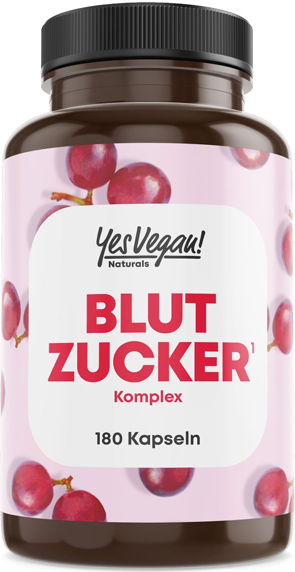 Flasche mit 180 Kapseln Blut Zucker Komplex von Yes Vegan! Naturals, mit Traubenmuster.