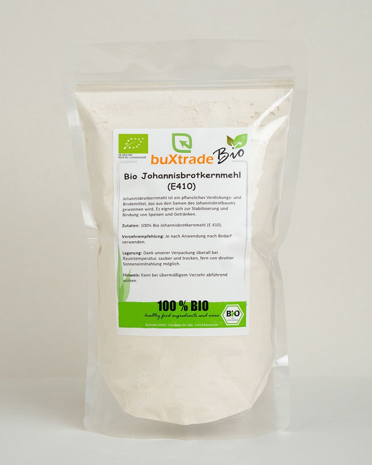 Bio Johannisbrotkernmehl (E410) in einem Standbodenbeutel, 100% Bio.