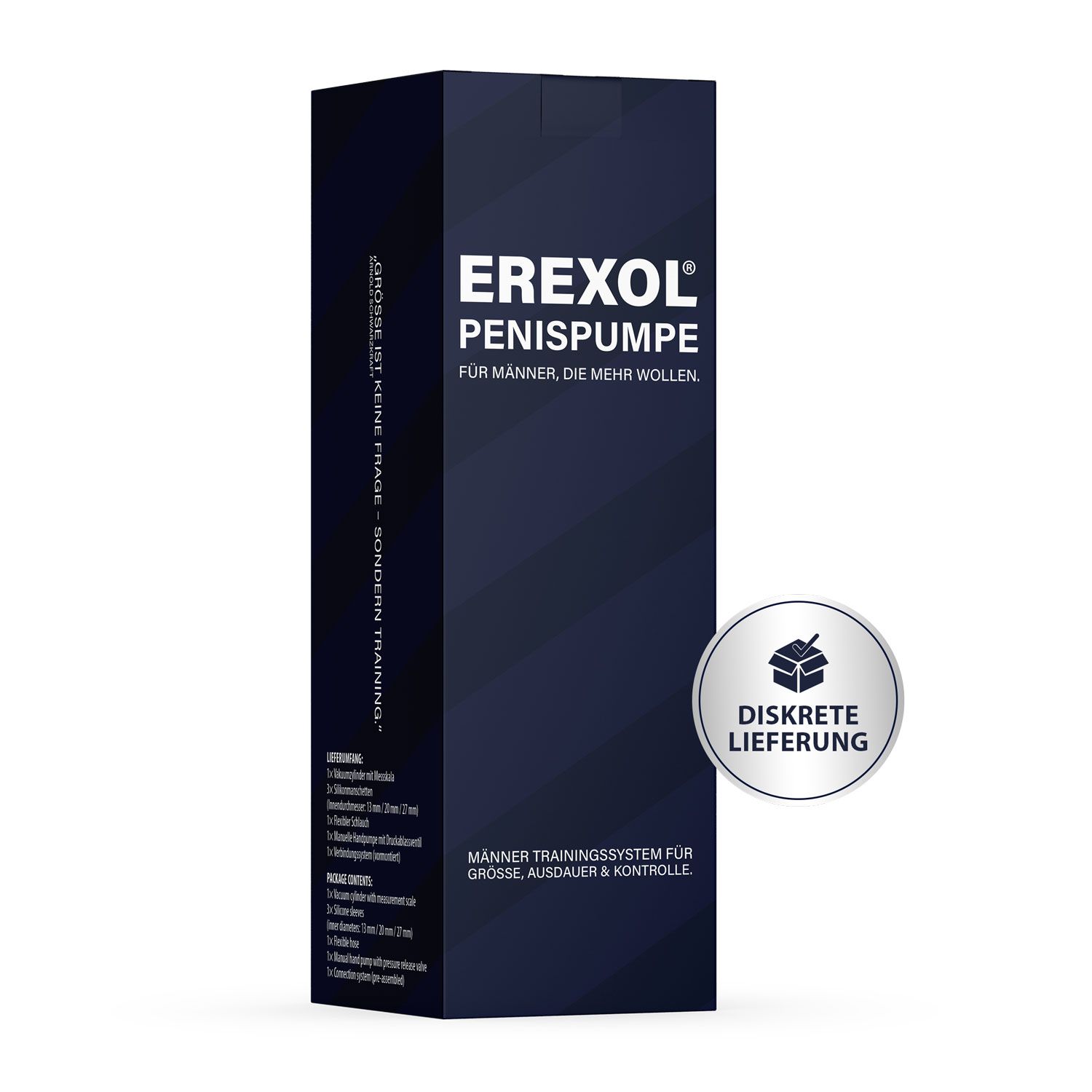 Erexol Penispumpe Verpackung mit Hinweis auf diskrete Lieferung. Dunkelblau mit weißer Schrift.