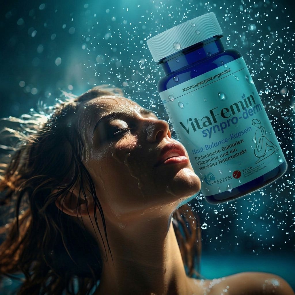 Frau im Wasser, Tropfen. Blaue Flasche mit Kapseln: VitaFemin synpro-derm. Haut-Balance-Kapseln. Mit Frau-Illustration. Nahrungsergänzungsmittel.
