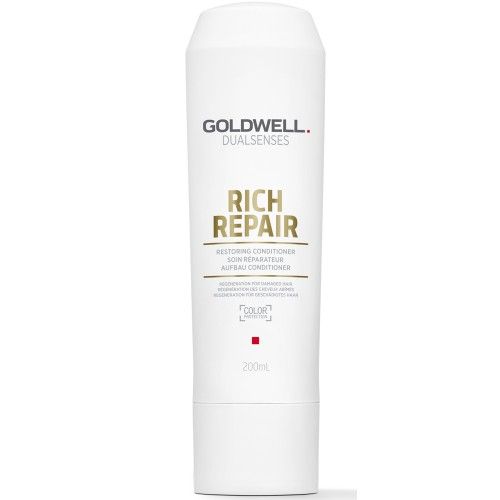 Weiße Flasche mit Goldwell Dualsenses Rich Repair Conditioner. Text: Rich Repair, Restoring Conditioner, 200ml.