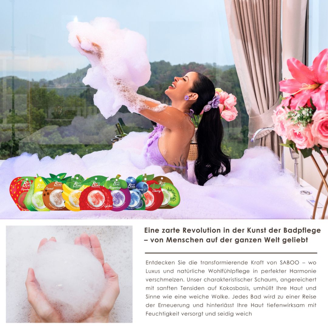 Frau in Badewanne mit Schaum. Mehrere Badewannenbomben-Verpackungen. Text: Eine zarte Revolution in der Kunst der Badpflege.