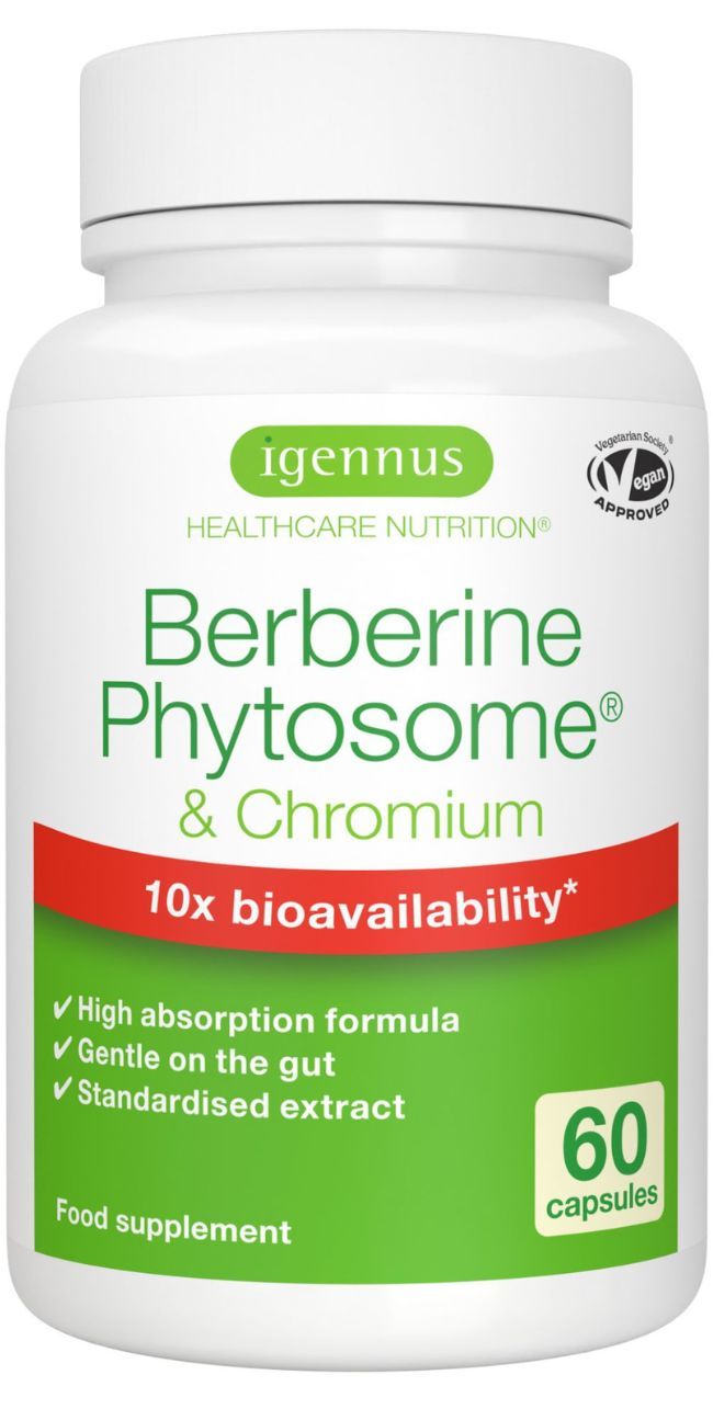 Weiße Flasche mit grüner Aufschrift. Text: Berberine Phytosome & Chrom. 60 Kapseln. 10x Bioverfügbarkeit.