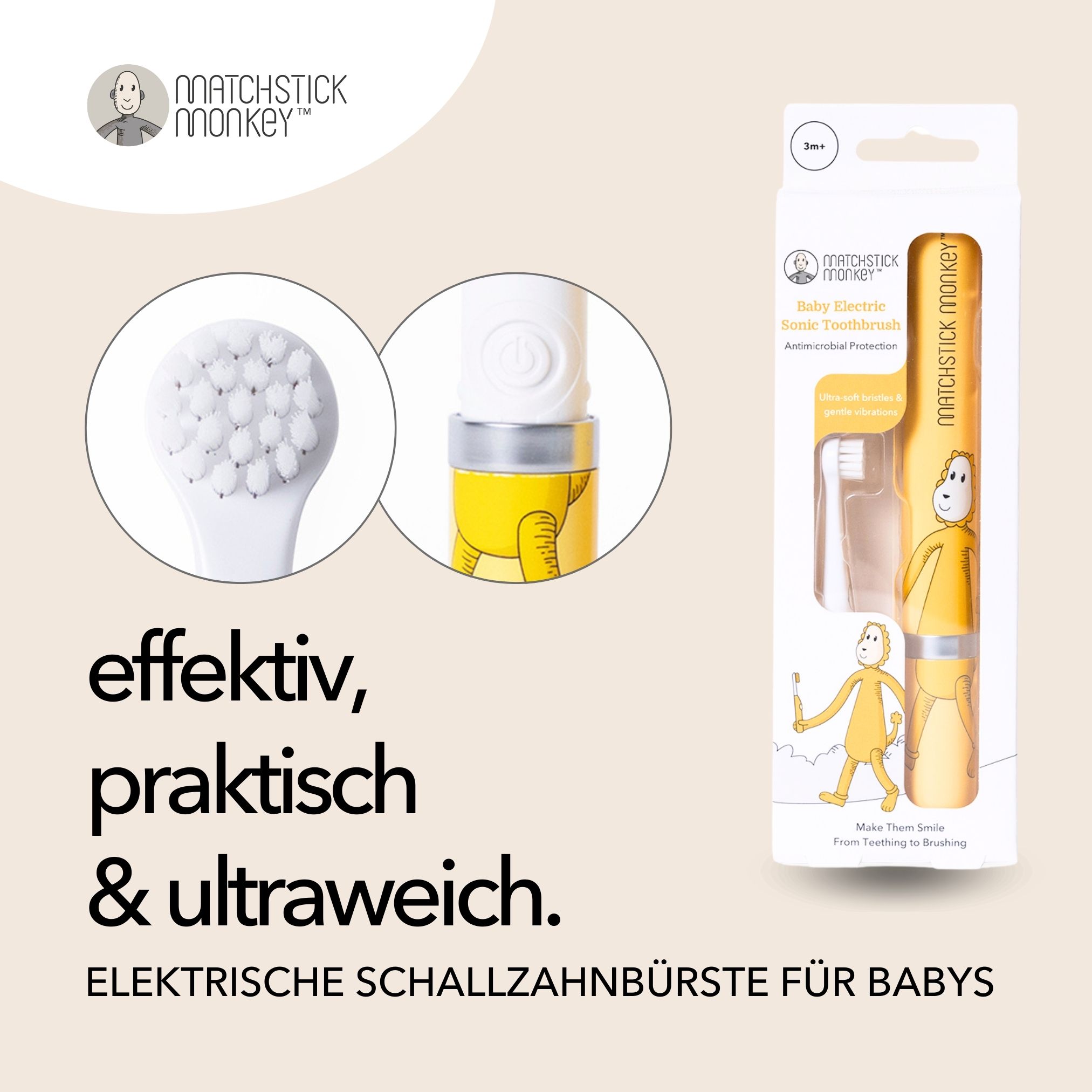 Elektrische Baby-Zahnbürste. Gelb-weiß. Mit Ersatzbürste und gelbem Etui. Marke: Matchstick Monkey.