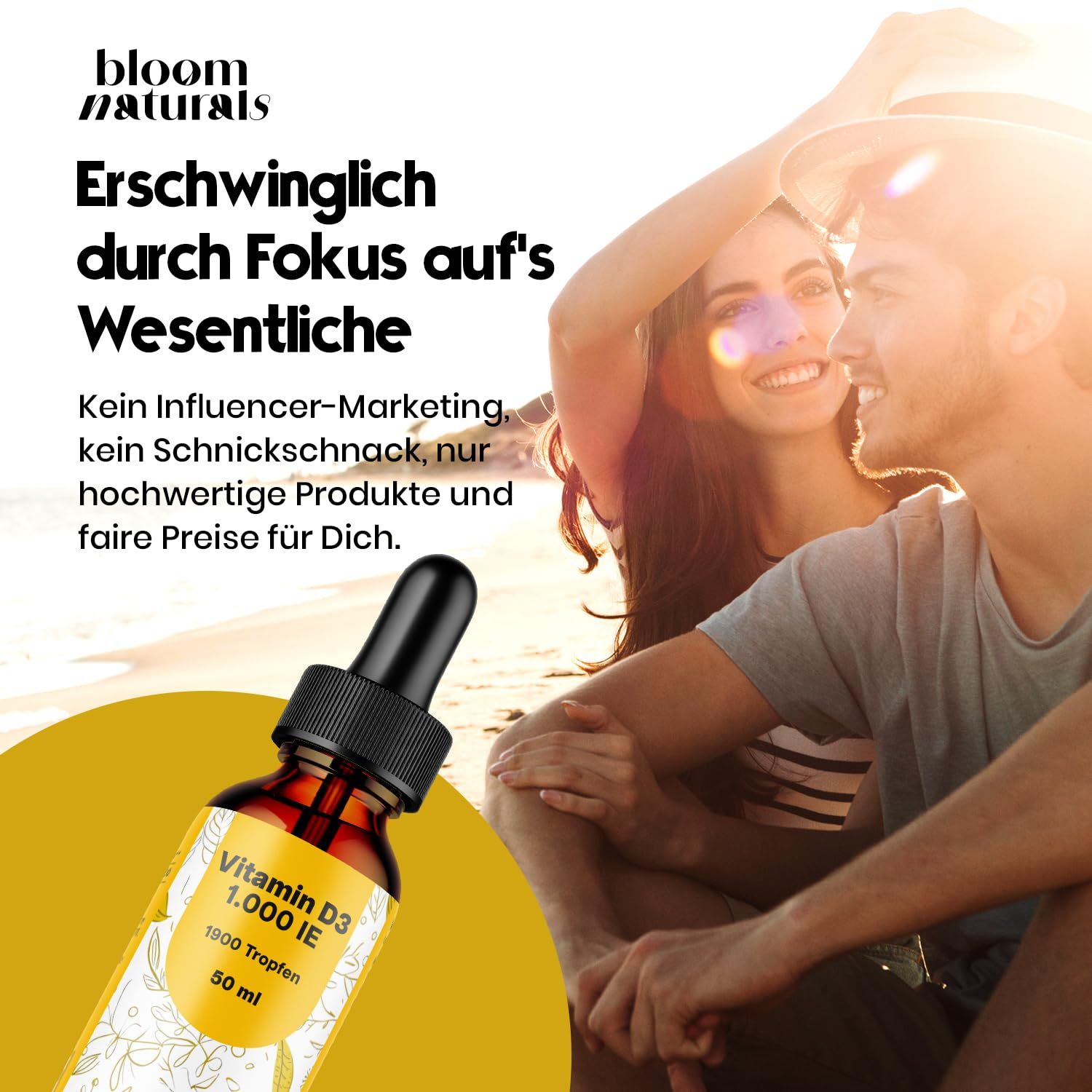 Produkt mit Tropfer und Paar. Text: Erschwinglich durch Fokus aufs Wesentliche. Kein Influencer-Marketing.