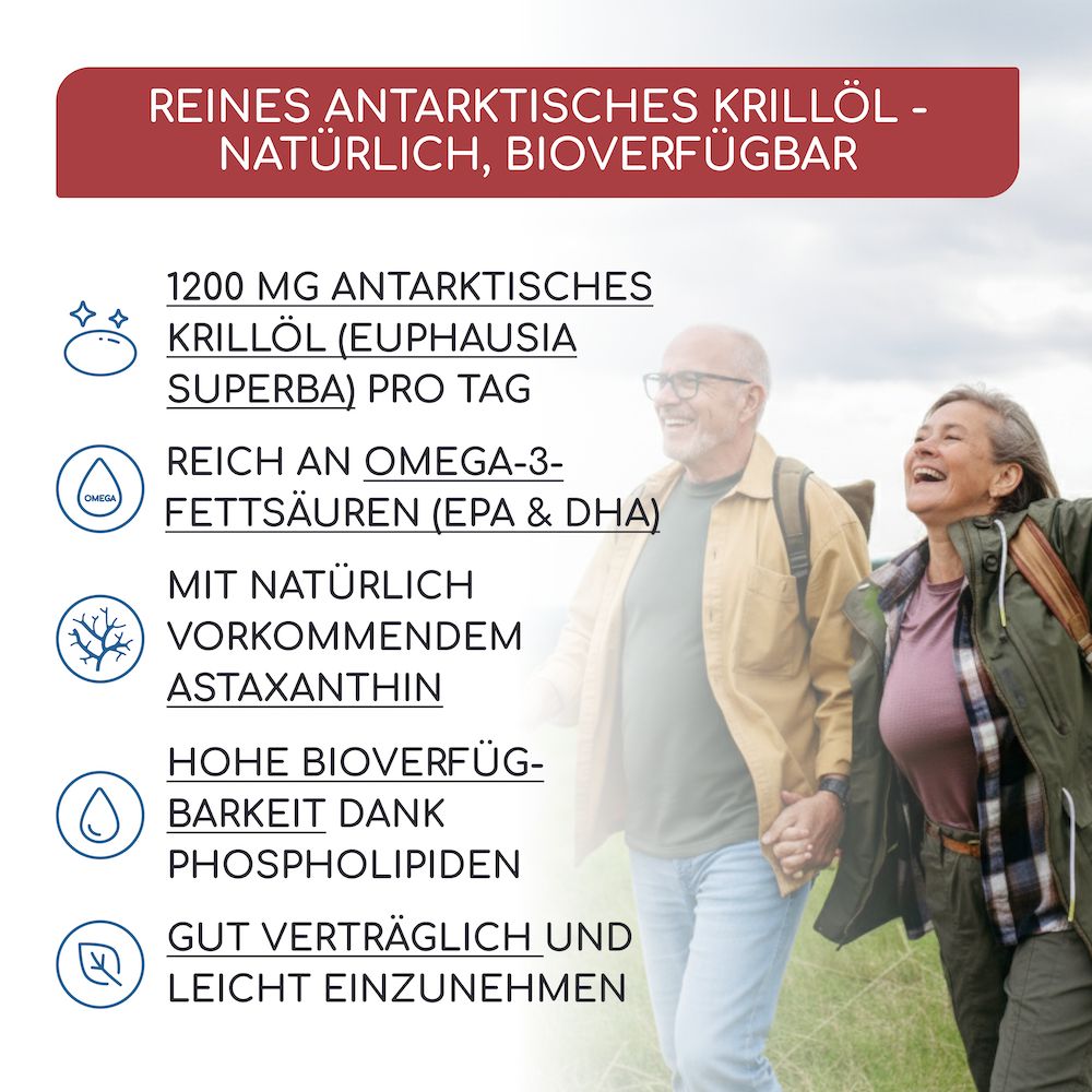 Älteres Paar geht im Freien. Text: Reich an Omega-3-Fettsäuren, Astaxanthin, Phospholipiden. Gut verträglich.
