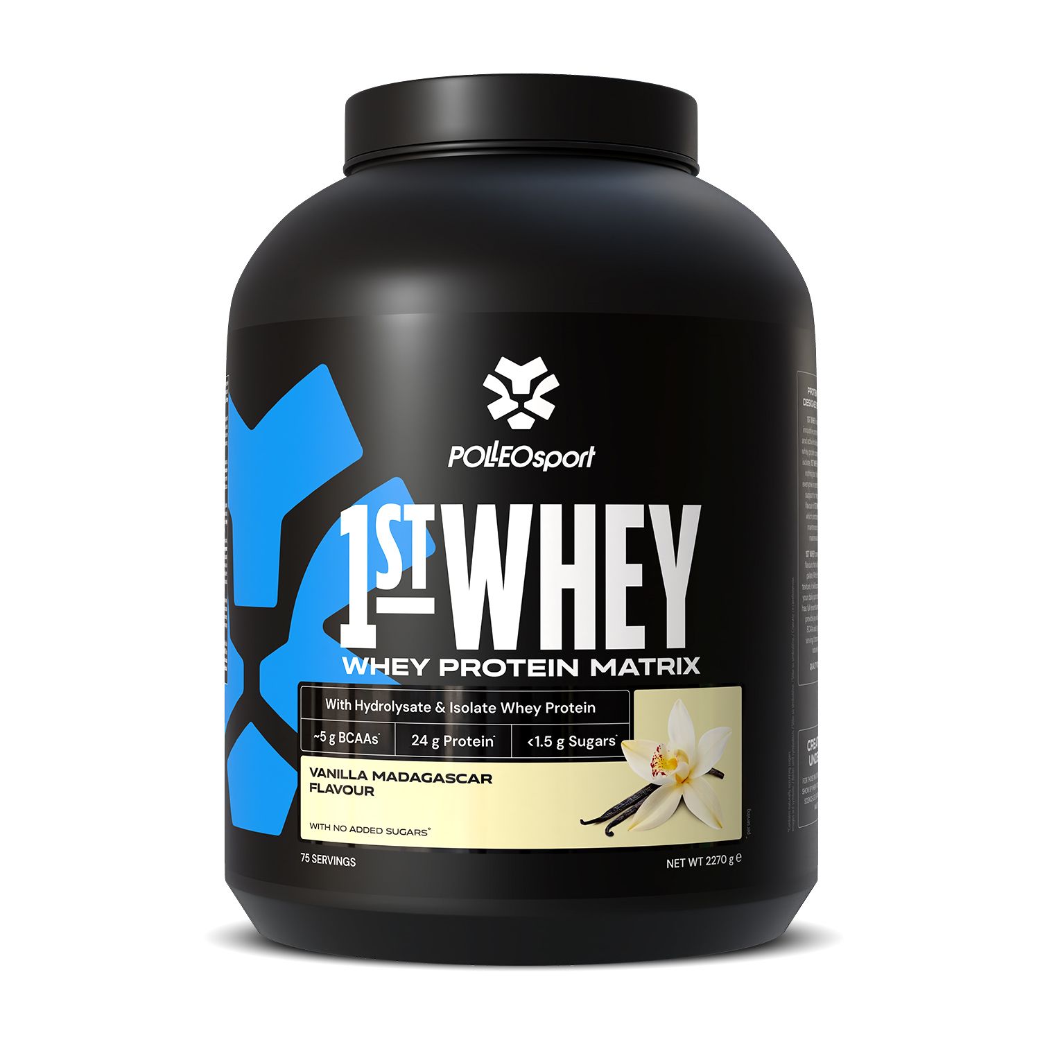 Schwarzer Behälter mit PolleoSport 1st Whey Protein Matrix, Vanille Geschmack.