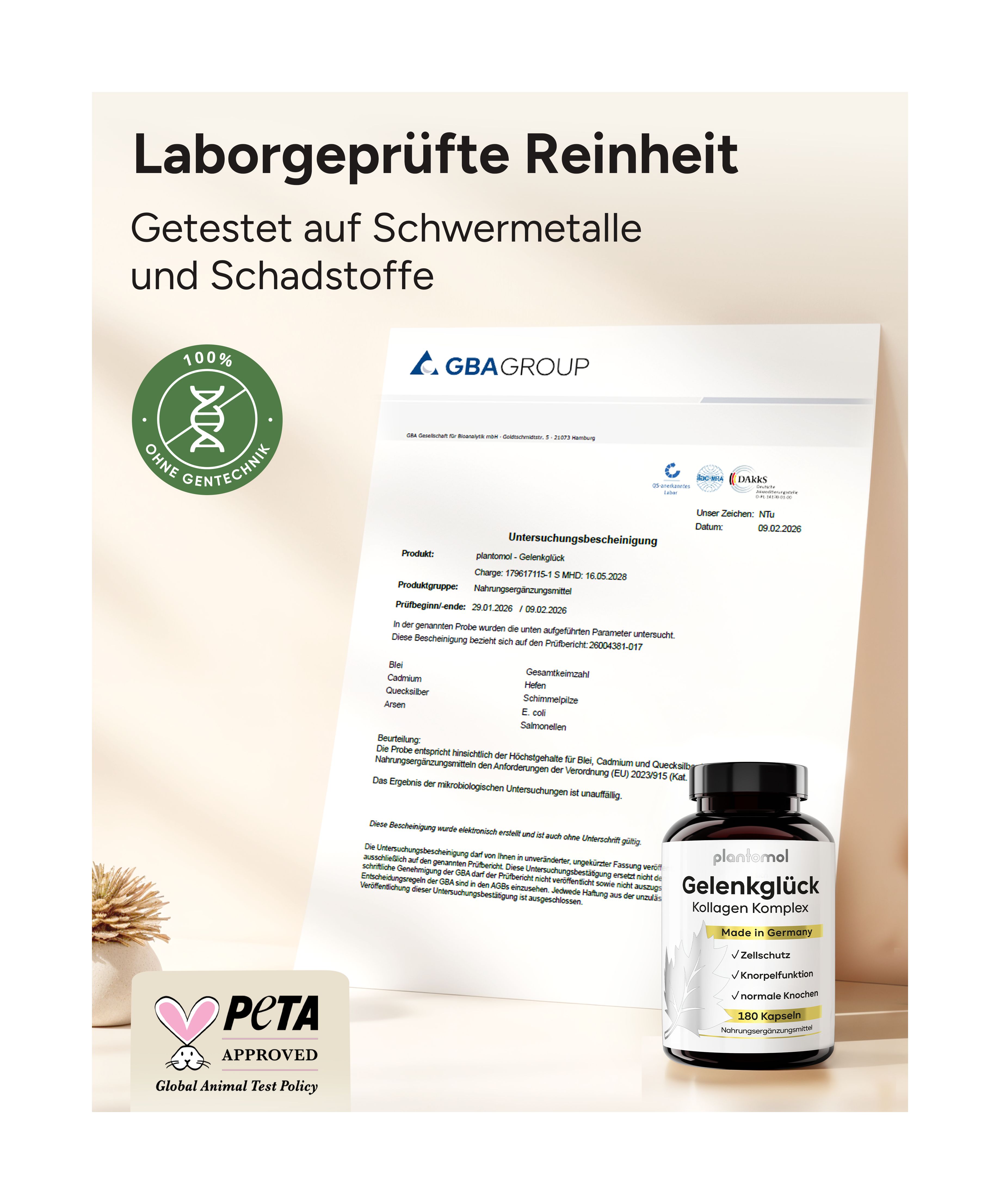 Zertifizierungsdokument mit Logo der GBA GROUP. PETA-Logo. Flasche plantomol Gelenkglück Kollagen Komplex.
