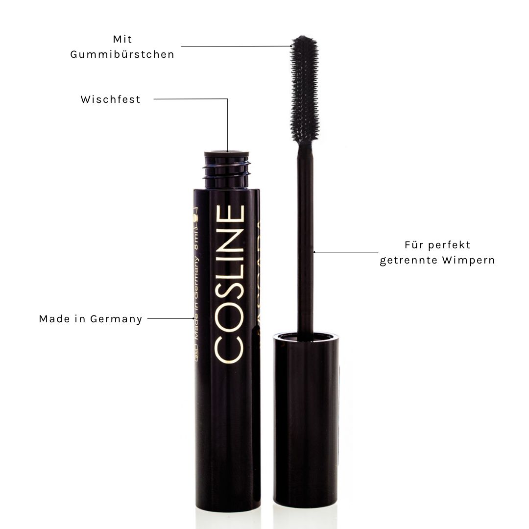 Mascara-Tube mit Bürste. Aufschrift: Cosline. Schwarze Gummibürste. Beschriftung: Mit Gummibürstchen, Wischfest, Made in Germany.