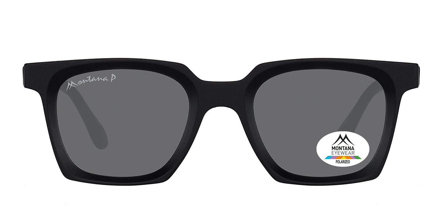 Schwarze Sonnenbrille mit quadratischem Rahmen. Graue Gläser. Montana Eyewear Logo und Polarized-Aufkleber.