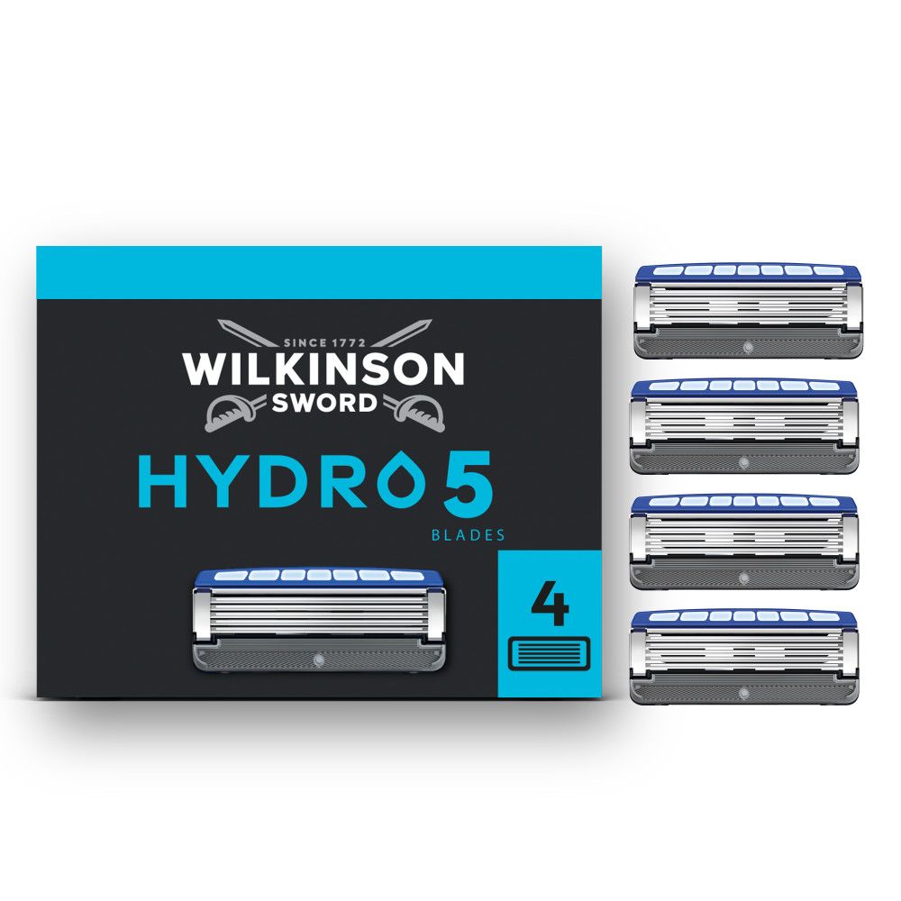 Verpackung mit 4 Wilkinson Sword Hydro 5 Ersatzklingen. Zeigt eine Klinge und das Markenlogo.