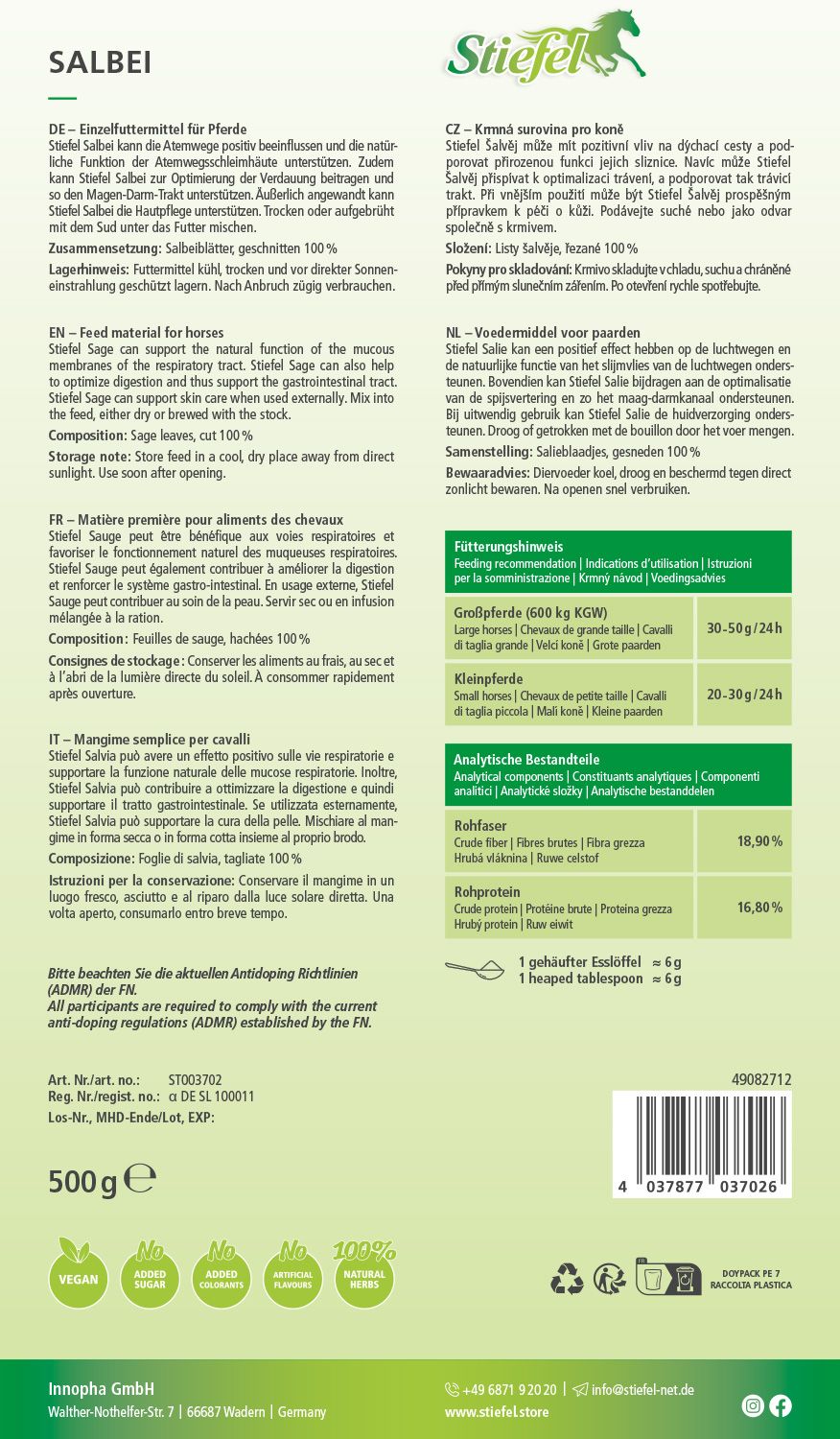 Rückseite der Verpackung von Stiefel Salbei. Text in mehreren Sprachen, darunter Deutsch, Englisch, Französisch, Italienisch und Tschechisch.