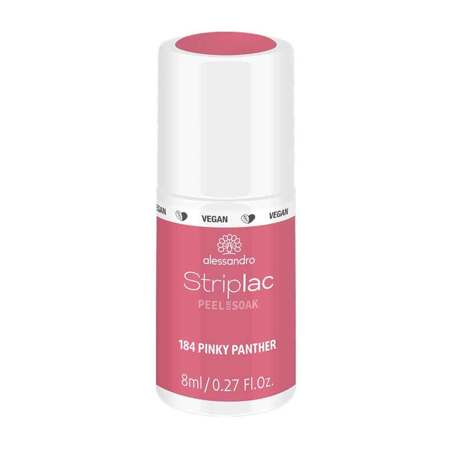 Zylindrische Flasche mit rosa Nagellack. Aufschrift: Alessandro StripLac Peel & Soak, 184 Pinky Panther, 8ml.