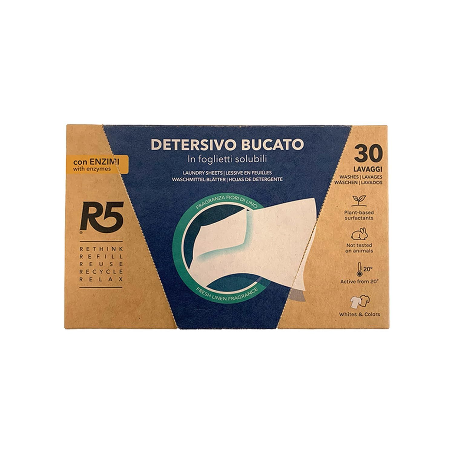Produktverpackung mit Waschmittelblättern. Text: "Detersivo Bucato in foglietti solubili". Enthält Enzyme.