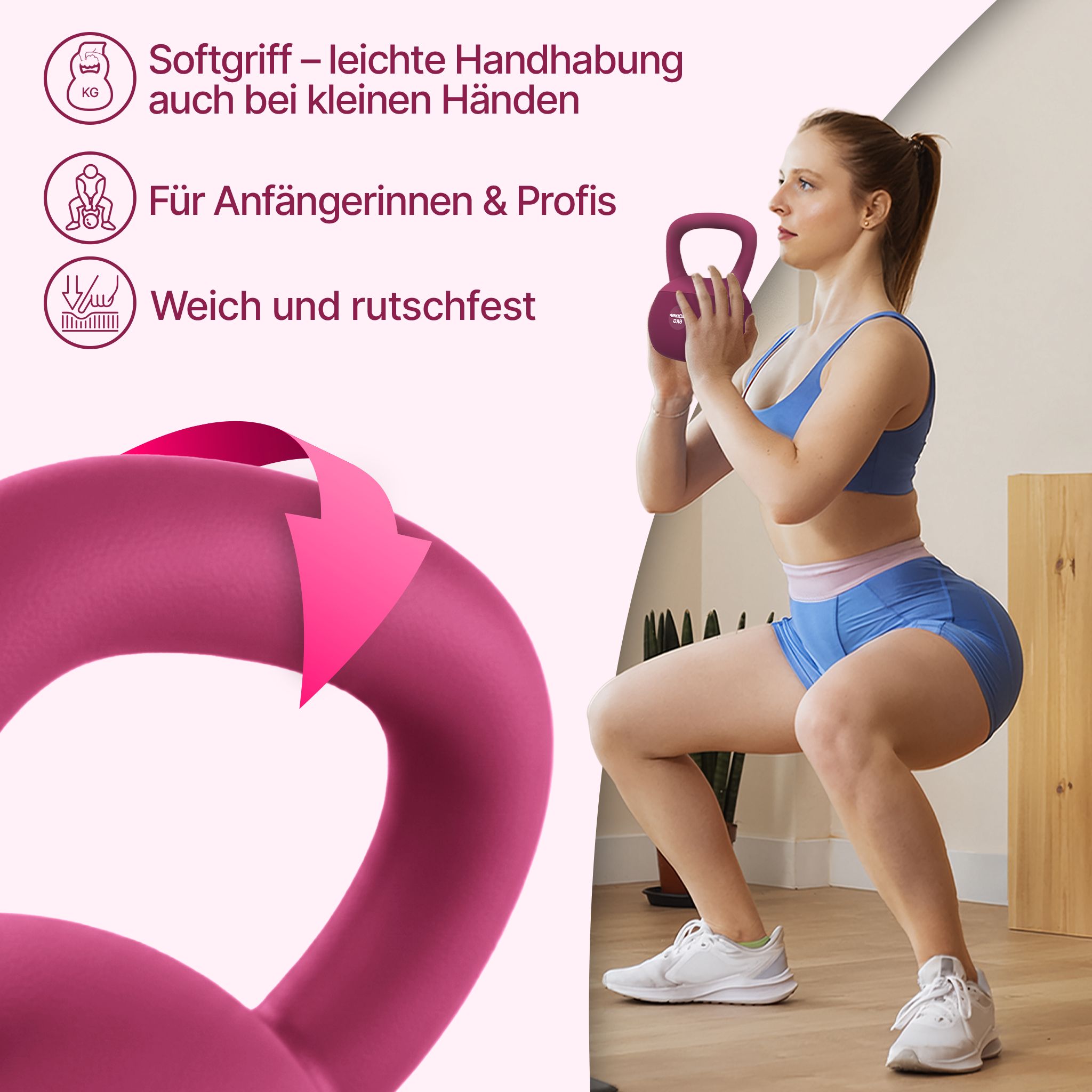 Frau trainiert mit NEOLYMP Kettlebell 6kg. Softgriff, weich, rutschfest. Für Anfängerinnen & Profis.