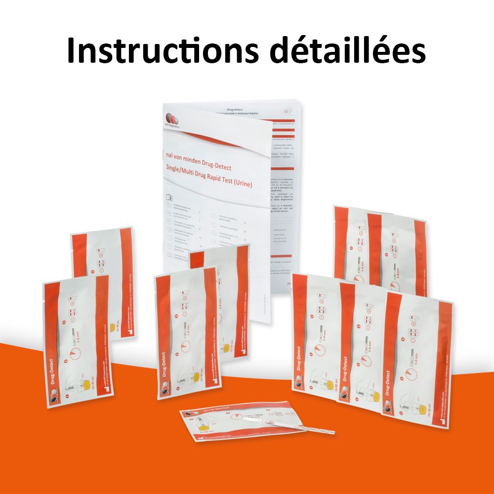 Plusieurs boîtes de test et un manuel. Texte : Instructions détaillées.