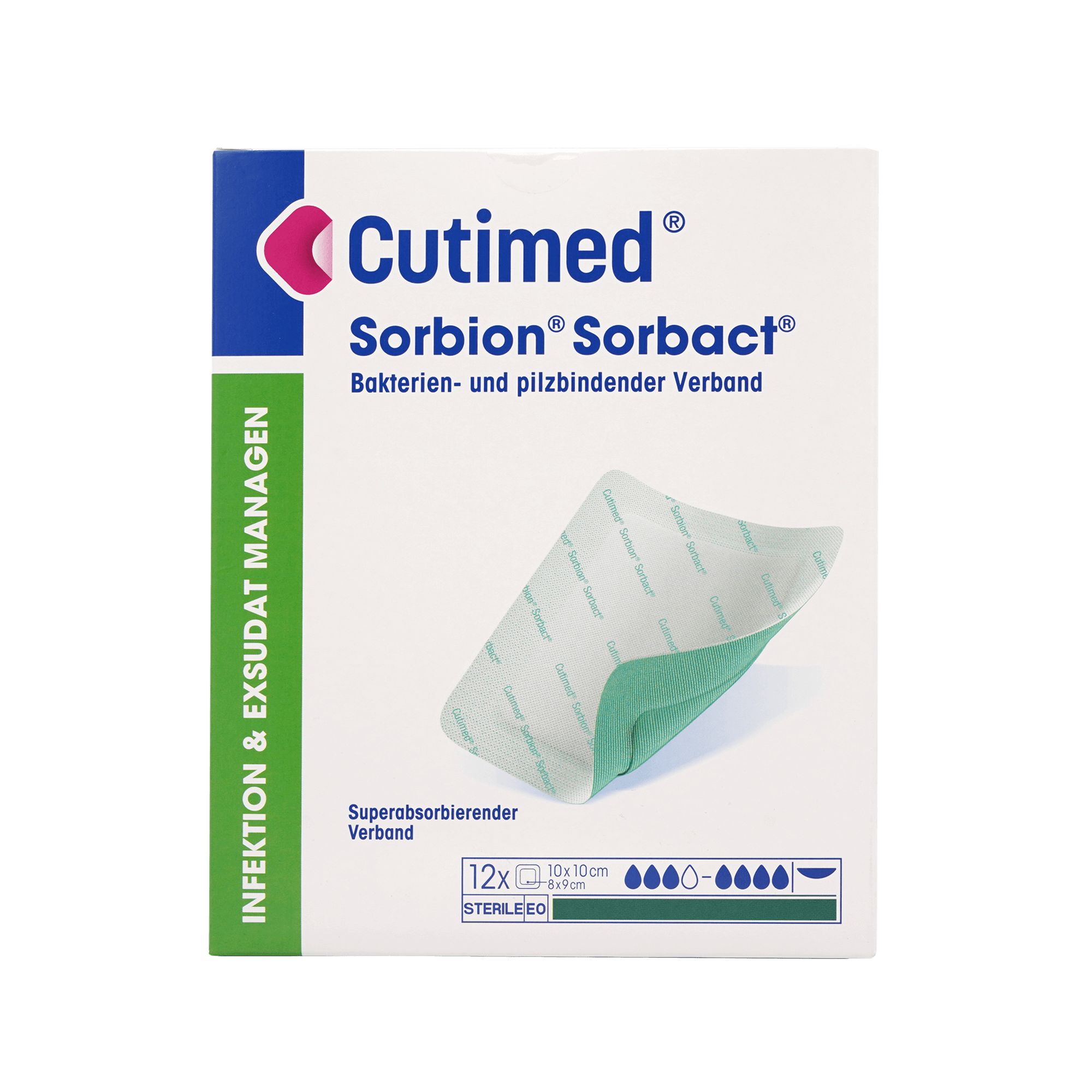 Verpackung mit Cutimed Sorbion Sorbact Verband. 12 Stück, 10x10cm. Bakterien- und pilzbindender Verband. Superabsorbierend. Steril.