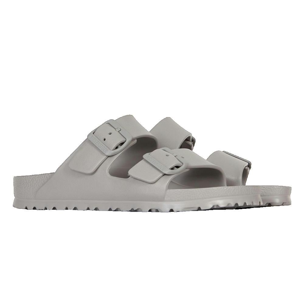 Sandali Birkenstock Arizona Essentials grigi. Due cinturini con fibbie. Vista laterale.