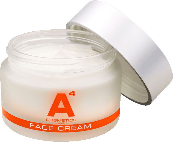 Geöffneter Creme-Tiegel mit weißem Deckel. Aufschrift: A4 Cosmetics, Face Cream. Creme sichtbar.