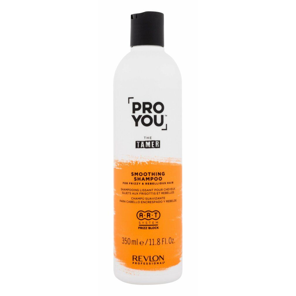 Weiße Flasche mit schwarzem Deckel. Aufschrift: PRO YOU THE TAMER, Smoothing Shampoo. Marke: Revlon. Orangefarbener Streifen.