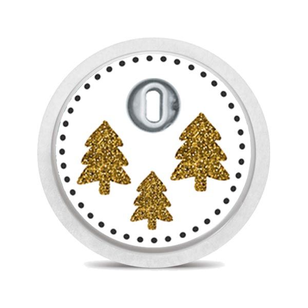 Runder Sticker mit Christbaumkugel-Motiven. Schwarze Konturen, goldene Sterne. Weißer Rand.