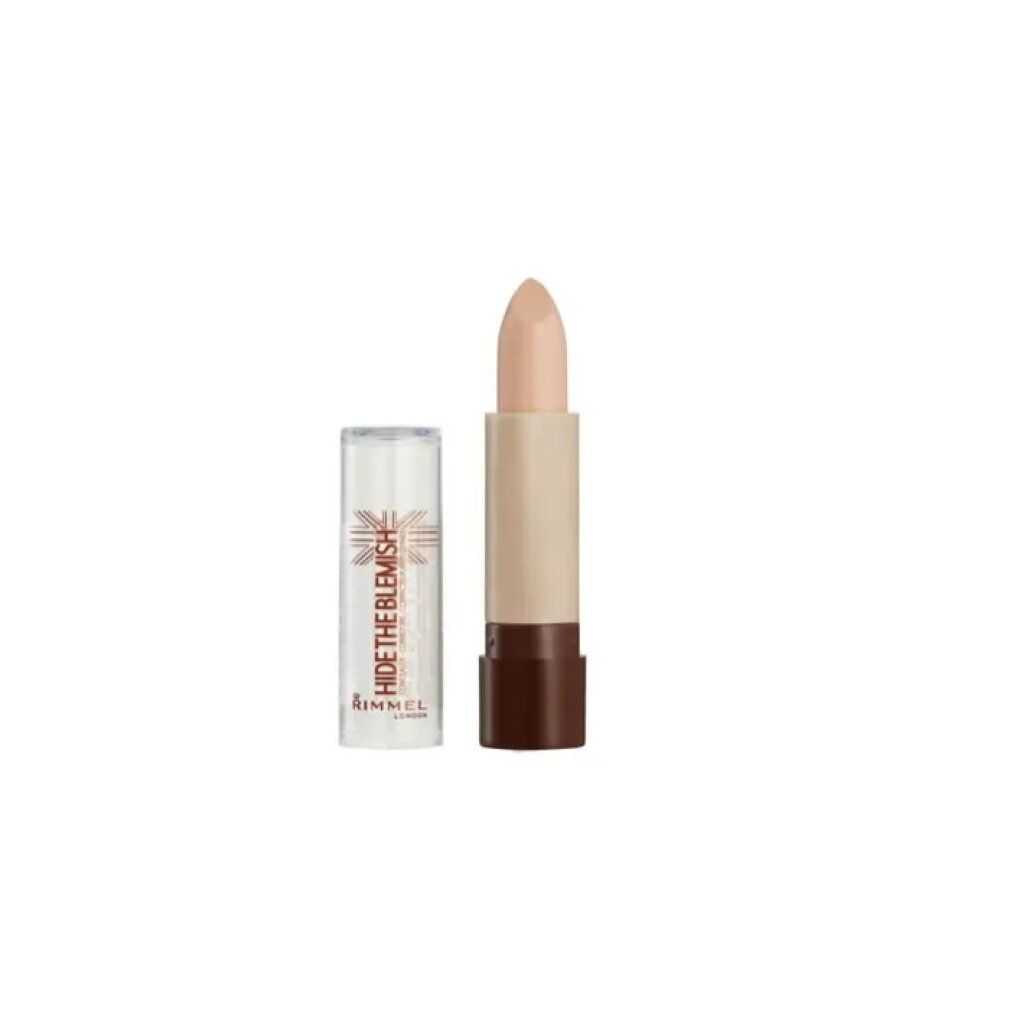 Concealer-Stift, geöffnet. Beige Farbe. Aufschrift: HIDE THE BLEMISH, RIMMEL LONDON.
