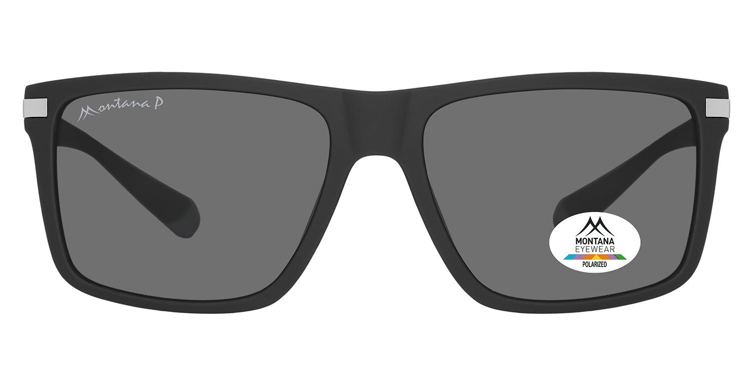 Schwarze Sonnenbrille mit rechteckigen Gläsern. Montana Eyewear Logo auf dem Bügel und Glas. Polarisierte Gläser.