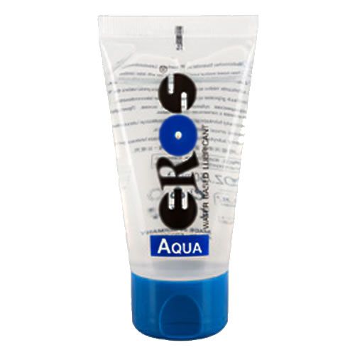 Transparente Tube mit blauem Verschluss. Aufschrift: EROS Aqua, Wasserbasiertes Gleitmittel.