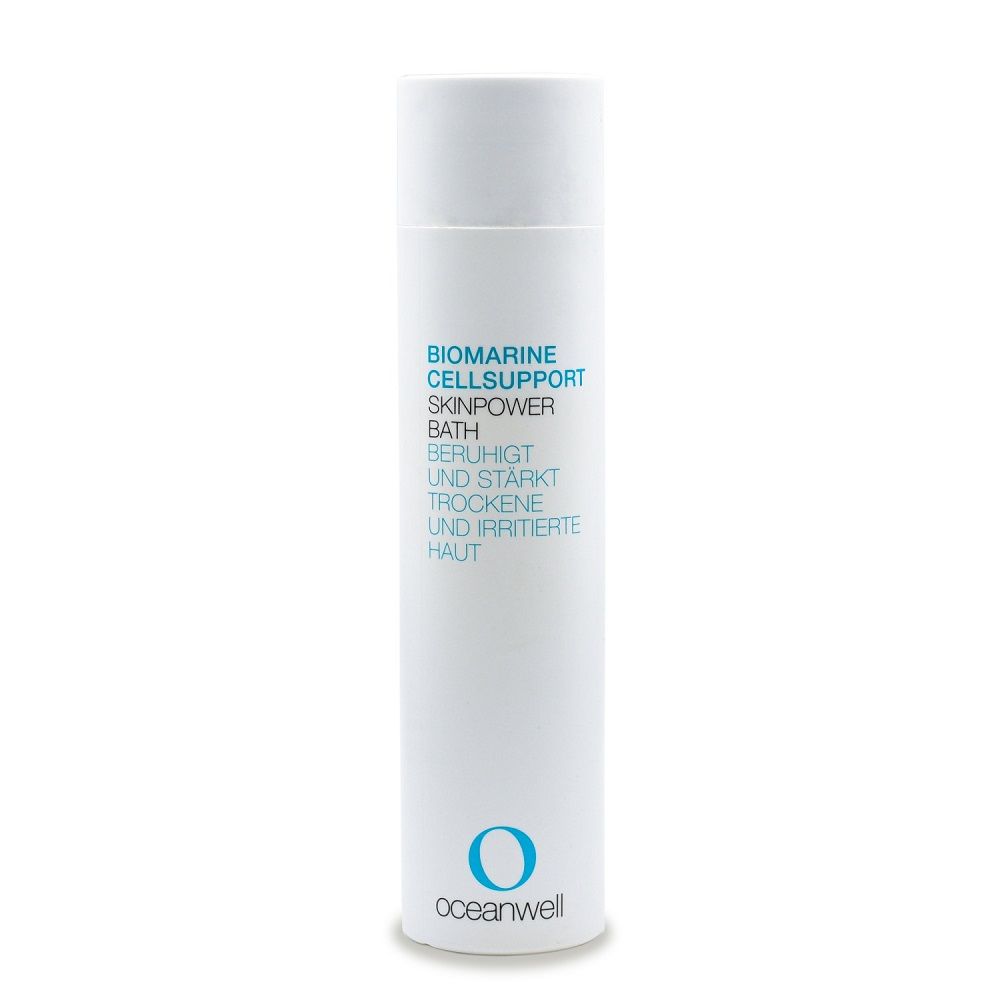Zylindrische, weiße Flasche. Aufschrift: Biomarine Cellsupport Skinpower Bath. Text in Türkis. Logo: O von oceanwell.