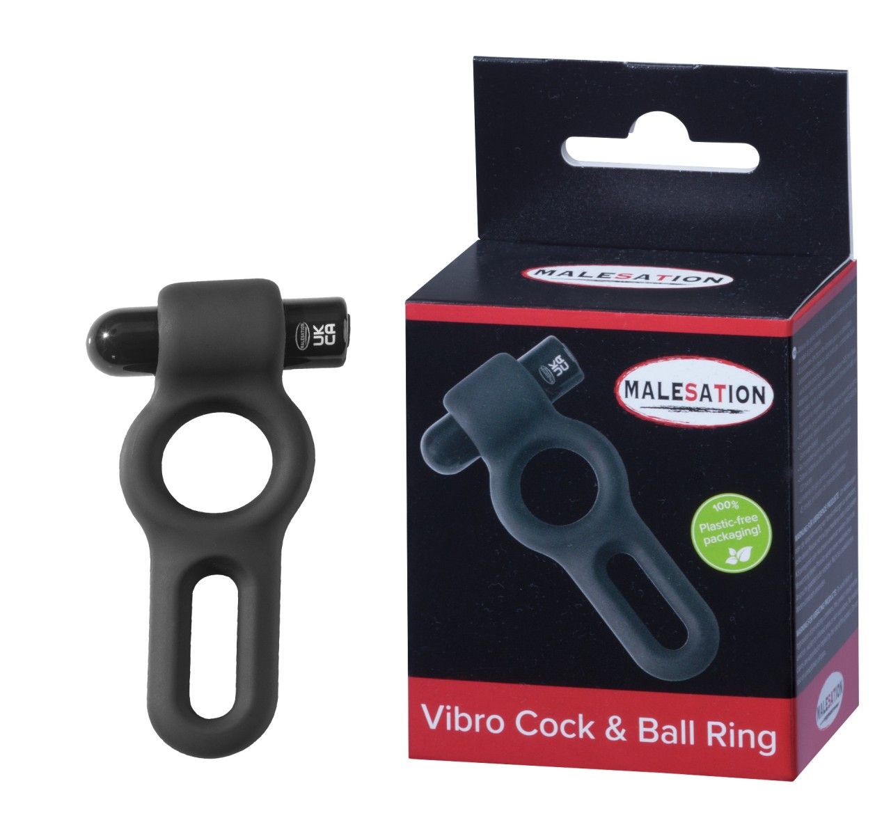 Produkt und Verpackung. Schwarzer Cock & Ball Ring neben einer schwarzen Verpackung mit Produktabbildung und Schriftzug Malesation.