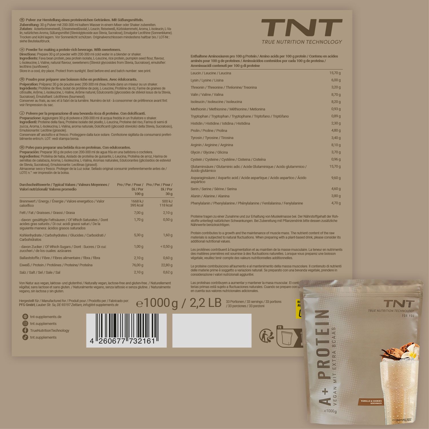 Rückseite eines TNT A+ Protein Beutels mit Nährwertangaben und Barcode.