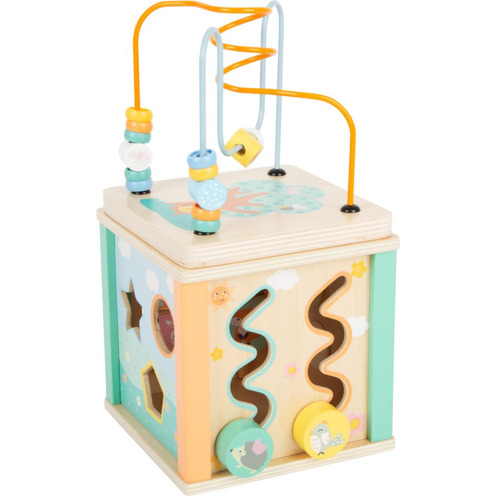 Motorikwürfel Pastell mit Perlenbahn, Zahnrädern, Formen. Holz, Pastellfarben. Verschiedene Spielelemente auf den Seiten.