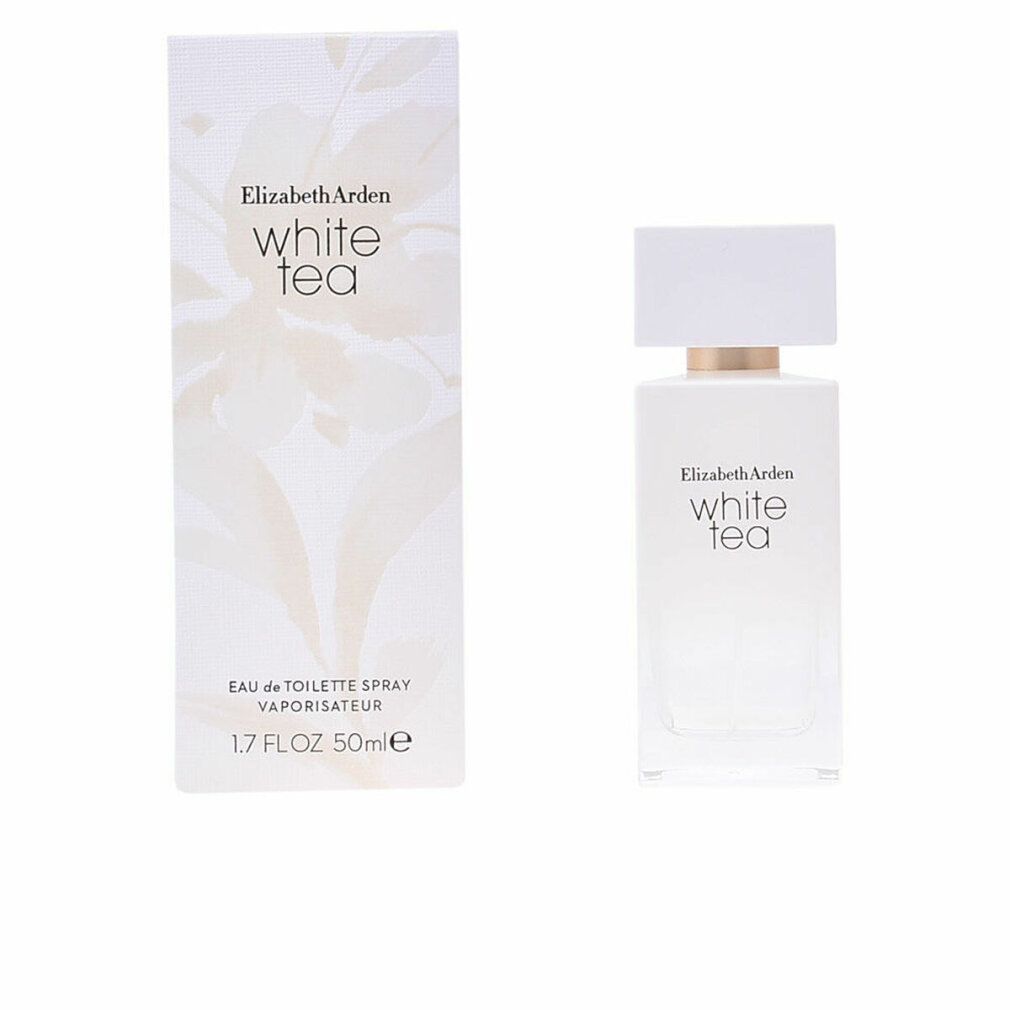 Elizabeth Arden White Tea-Parfümflakon und Schachtel. Flakon rechteckig, weiß. Schachtel weiß.
