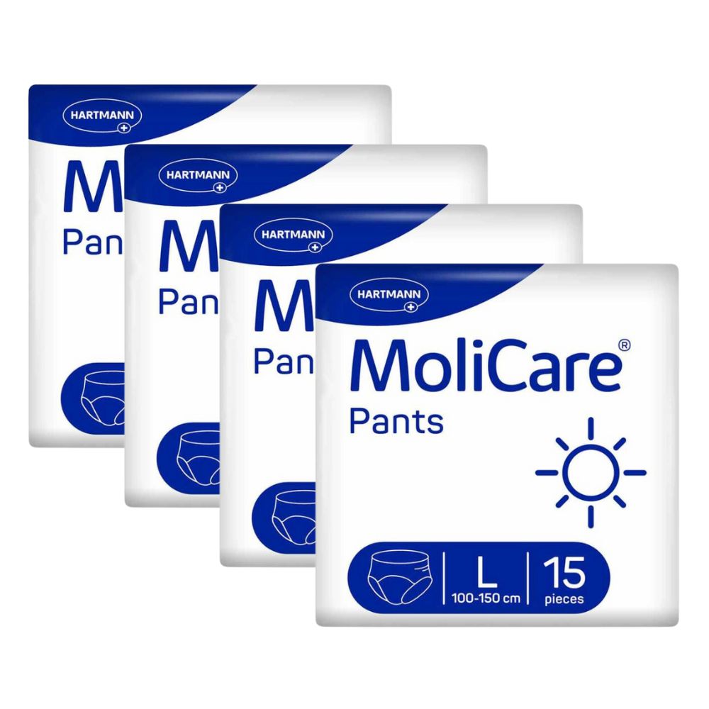 Vier Packungen MoliCare Pants Day L. Jede Packung zeigt das Produkt, Größe L, 100-150 cm, 15 Stück. Hartmann Logo.