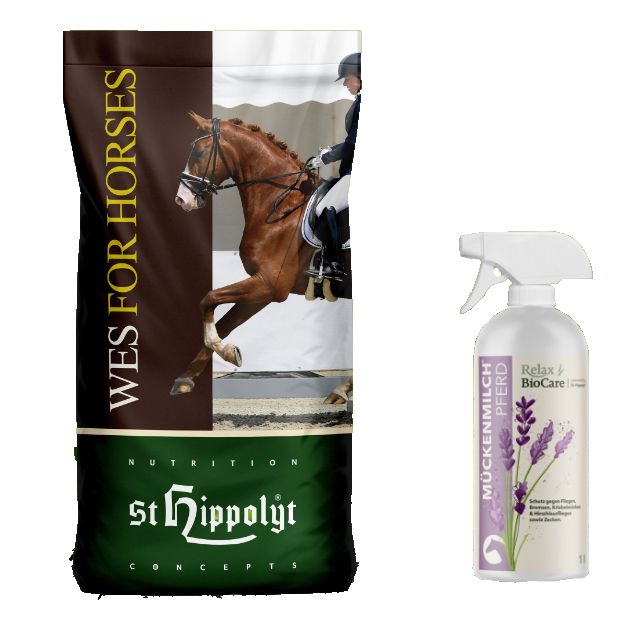 Beutel mit "WES FOR HORSES"-Aufdruck und Abbildung eines springenden Pferdes. Daneben eine Sprühflasche mit "Mückenmilch PFERD"-Etikett.