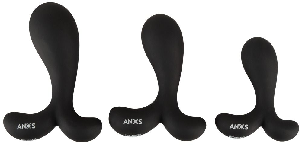 Drei schwarze Analplugs aus Silikon. Verschiedene Größen, mit gebogener Form und Basis. Logo 'ANOS' sichtbar.