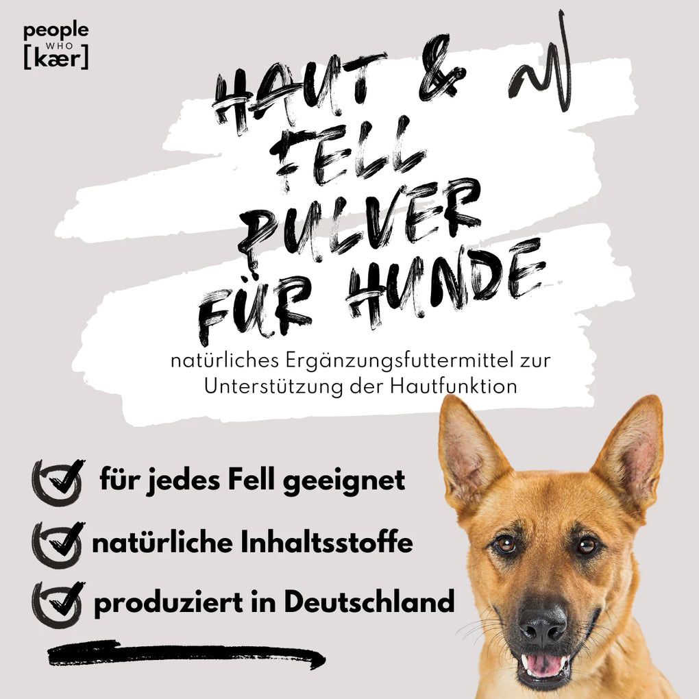 Produktverpackung mit Text 'Haut & Fell Pulver für Hunde'. Text: 'natürliches Ergänzungsfuttermittel'. Mit Hund. Text: 'für jedes Fell geeignet', 'natürliche Inhaltsstoffe', 'produziert in Deutschland'.