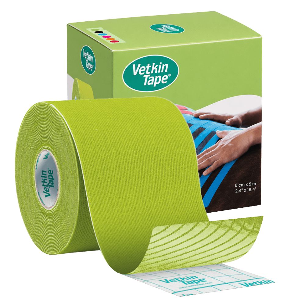 VetkinTape Kinesiotape Rolle in Hellgrün, 5cm x 5m. Kartonverpackung im Hintergrund.