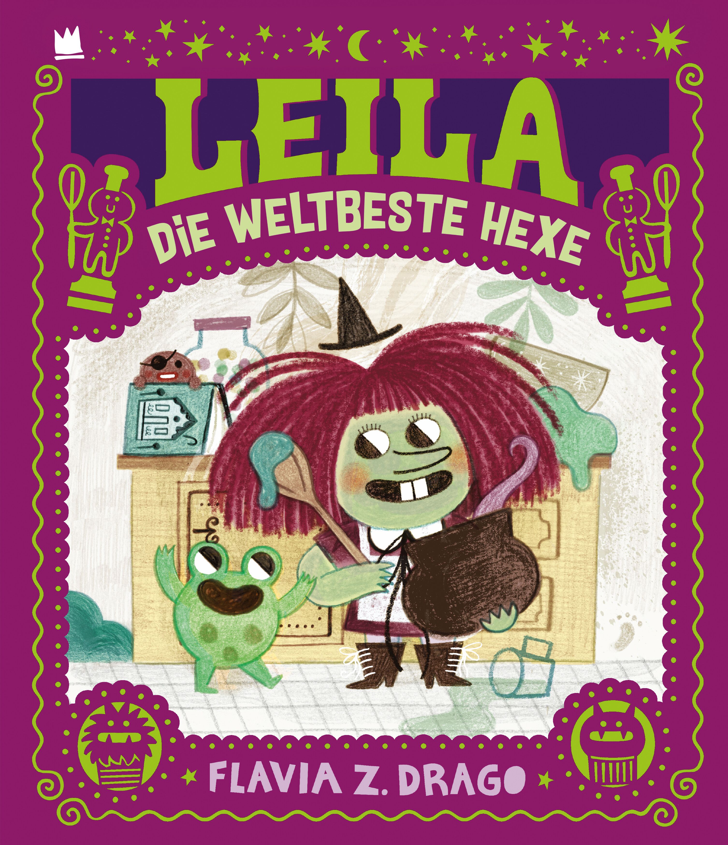 Buchcover mit Illustration. Titel: LEILA die weltbeste Hexe. Gezeichnete Hexe mit rotem Haar, Frosch, Kessel und Kochutensilien. Autor: Flavia Z. Drago.