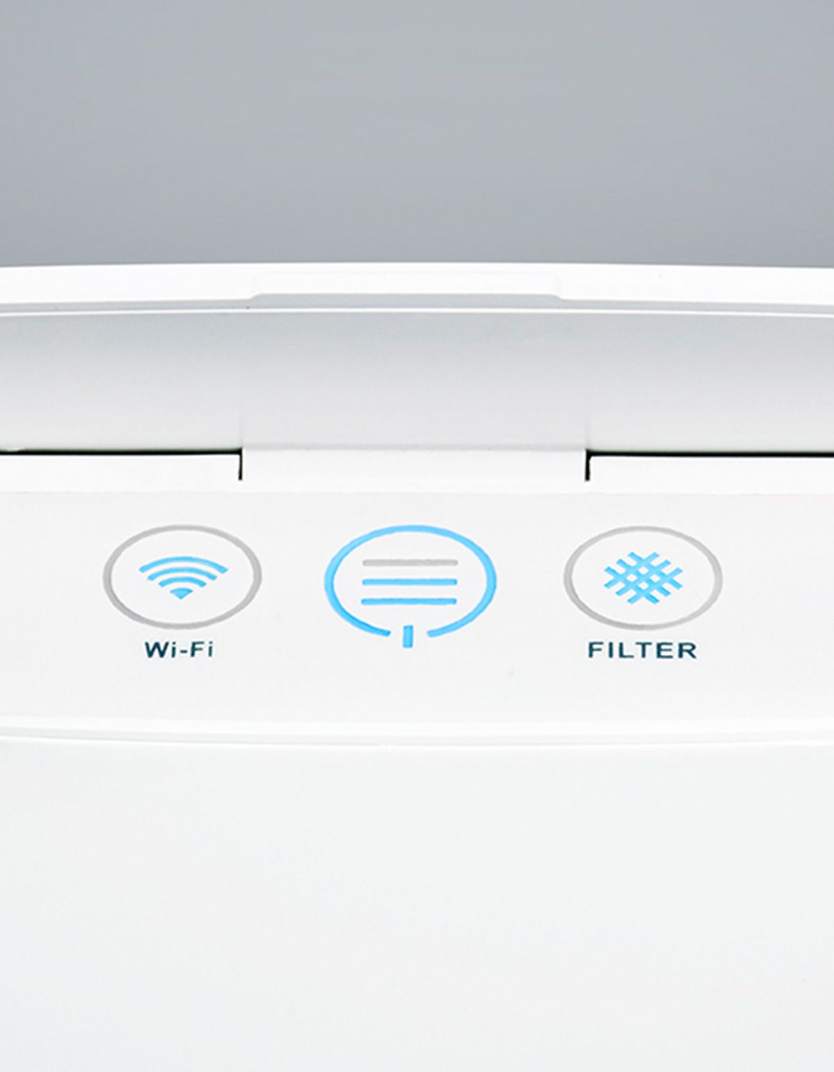 Nahaufnahme der Bedienoberfläche. Symbole für Wi-Fi, Einstellungen und Filter. Weiße Oberfläche.