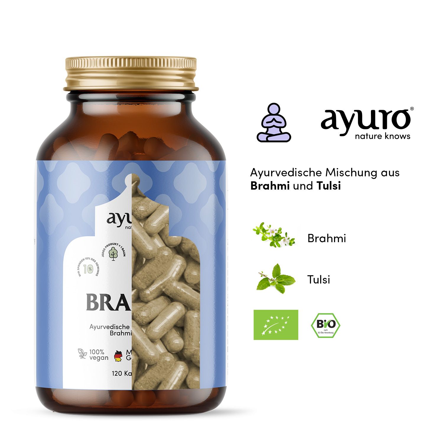Braune Glasflasche mit Kapseln. Logo und Produktname auf dem Etikett. 120 Kapseln. Vegan, Bio-Zertifizierung, Made in Germany.