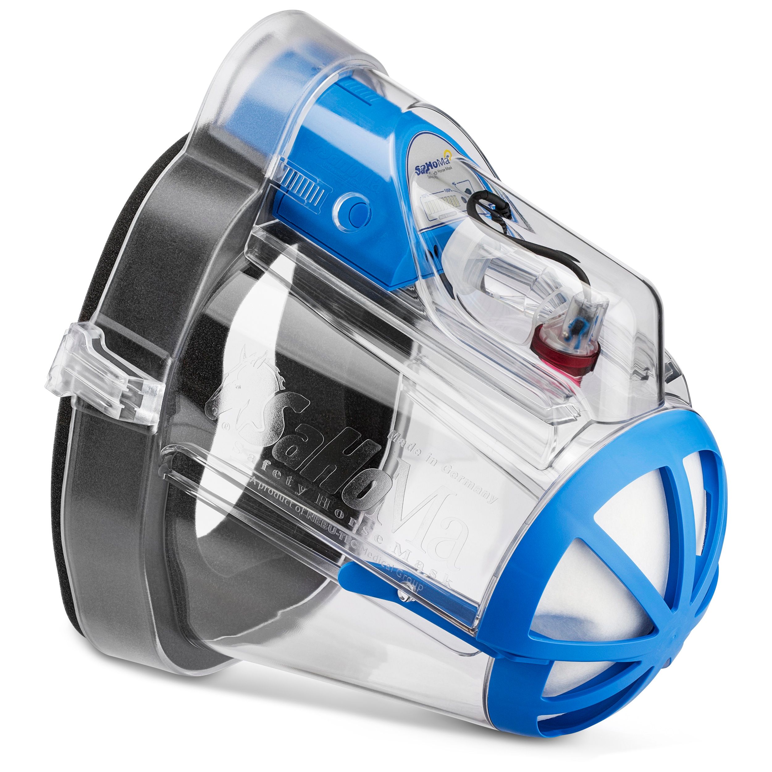 Inhalationsmaske mit blauem und transparentem Kunststoff. Schwarze Halterung. Roter Verschluss.