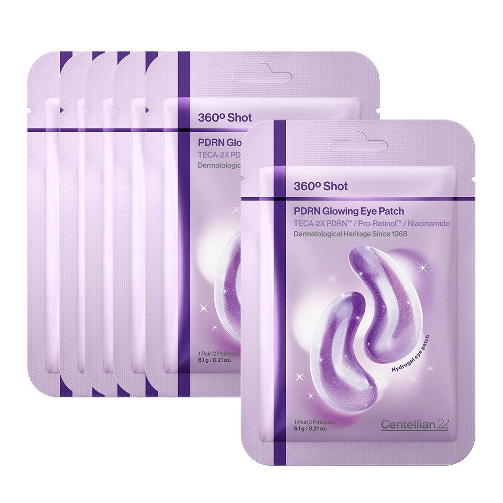 Packung mit 5 PDRN Glowing Eye Patches, 360° Shot, TECA-2X PDRN, Pro-Retinol, Niacinamid.