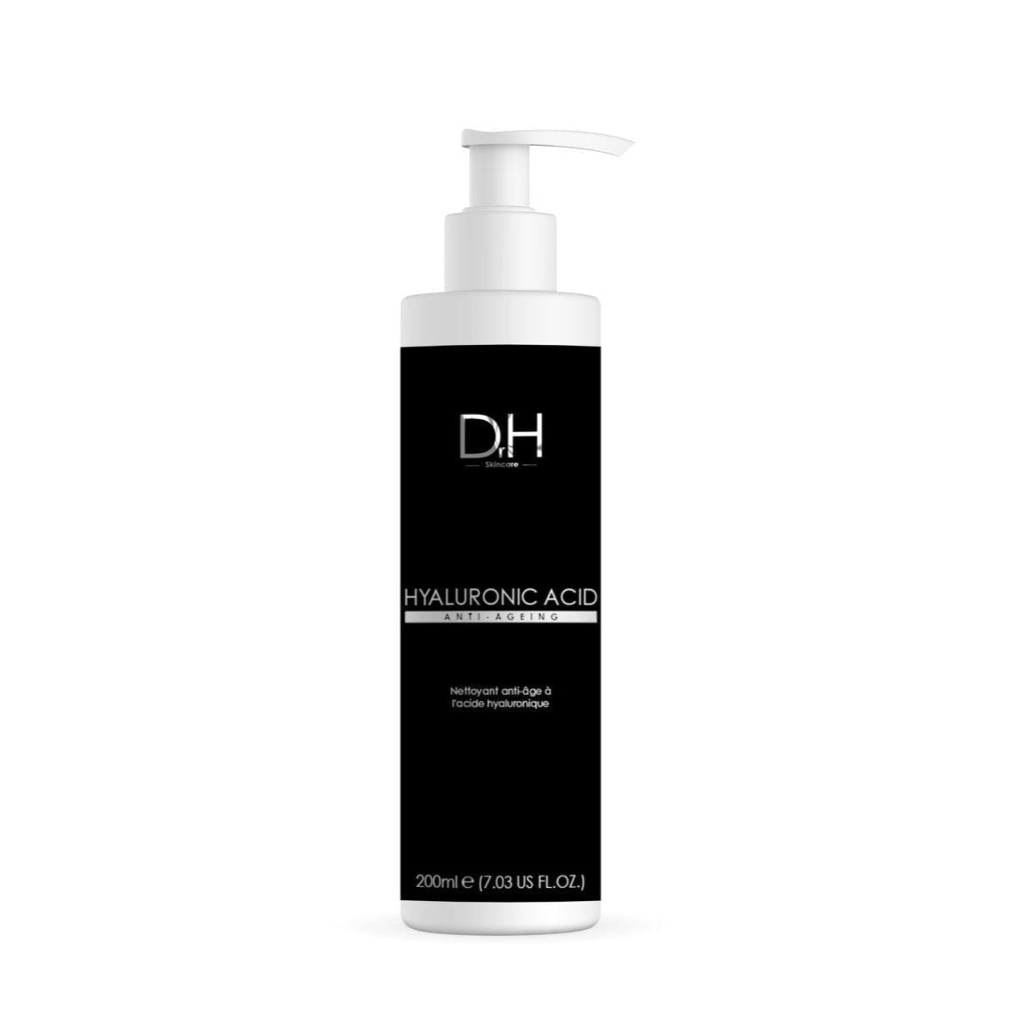 Weiße Flasche mit schwarzem Etikett. Aufschrift: HYALURONIC ACID, Anti-Aging. Mit Dosierpumpe. 200ml.