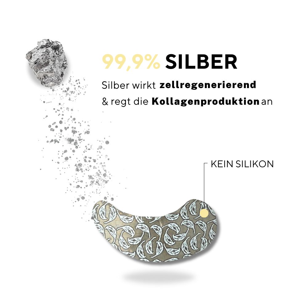 Augenpad mit Blattmuster. Text: 99,9% Silber. Silber wirkt zellregenerierend & regt die Kollagenproduktion an. Text: Kein Silikon.