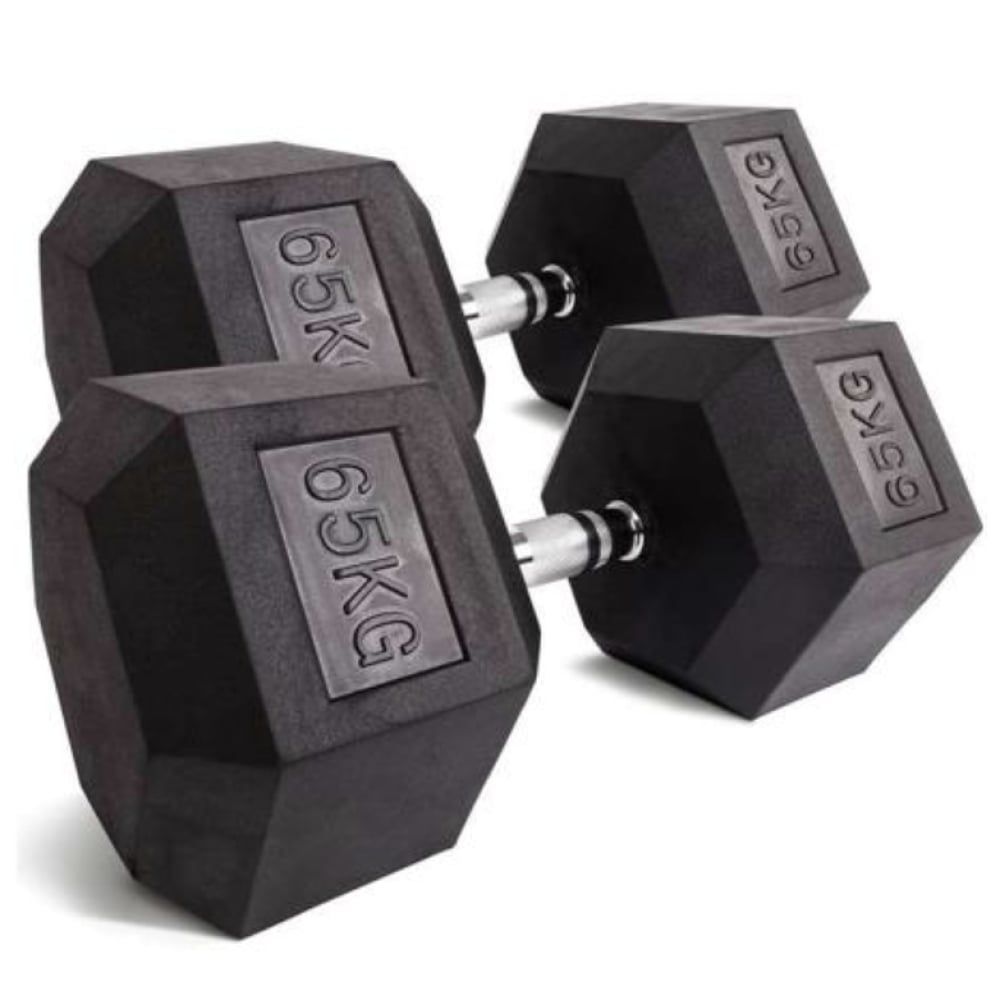 Zwei schwarze Kurzhanteln. Jede Hantel hat einen sechseckigen Kopf mit der Aufschrift "65KG". Die Griffe sind silberfarben.